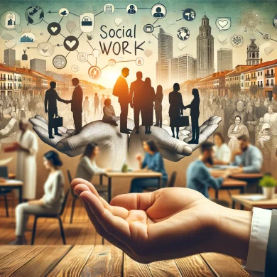 La imagen muestra un anuncio profesional y acogedor para una convocatoria de empleo de trabajador/a social. El fondo presenta elementos relacionados con el trabajo social, como interacciones comunitarias, manos ayudando y personas involucradas en actividades de apoyo. La escena incluye individuos diversos colaborando y brindando asistencia en un entorno comunitario. Se pueden ver sutiles referencias a un paisaje urbano español para enfatizar la ubicación de la convocatoria. El ambiente general es positivo, inclusivo y de apoyo, reflejando la naturaleza del trabajo social y su impacto en la comunidad.