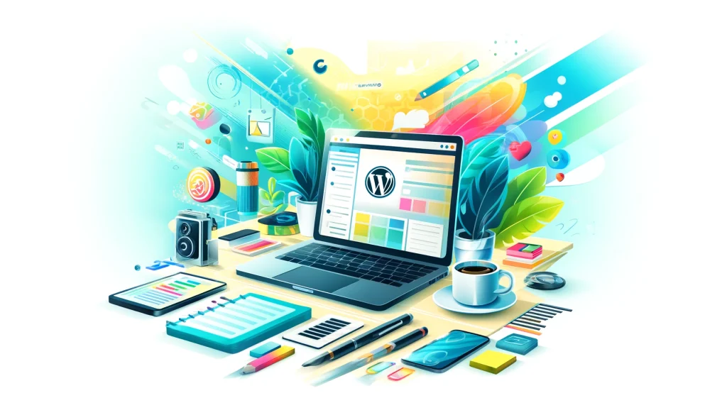 Claro, aquí tienes una descripción detallada de la imagen: La imagen muestra una ilustración moderna, vibrante y dinámica, ideal para un sitio web de WordPress. En el centro de la escena, hay una laptop elegante que muestra el panel de control de WordPress en su pantalla. La laptop está colocada sobre un escritorio limpio y ordenado. Alrededor de la laptop, hay varios elementos que representan creatividad y tecnología, incluyendo un bloc de notas, una taza de café, un smartphone, algunas notas adhesivas de colores y una planta pequeña. El fondo de la imagen está adornado con un diseño abstracto y brillante, compuesto por formas geométricas y gradientes en tonos de azul y verde. La atmósfera general de la imagen es profesional pero creativa, enfocada en el diseño y desarrollo web.