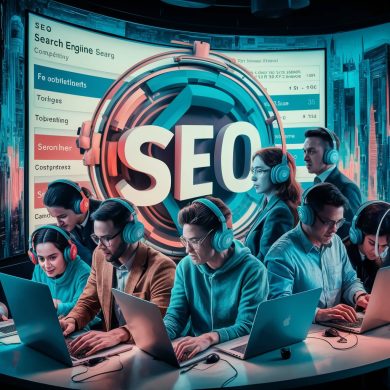 Una imagen creativa y dinámica de una competencia de SEO. Un grupo de participantes expertos en tecnología, cada uno con sus audífonos únicos, están reunidos alrededor de una gran pantalla digital que muestra varias clasificaciones en motores de búsqueda. El ambiente es competitivo y emocionante, con gente escribiendo frenéticamente en sus computadoras portátiles. El fondo presenta un paisaje urbano vibrante con un diseño moderno y futurista, reflejando el espíritu innovador de los concursantes.